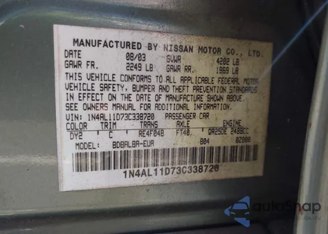 2003 Nissan Altima 2.5 Sl from USA, damaged, VIN 1N4AL11D73C338720